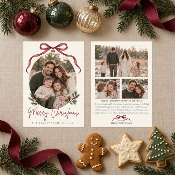 Front and back of the card laid flat among ornaments, ribbon and cookies