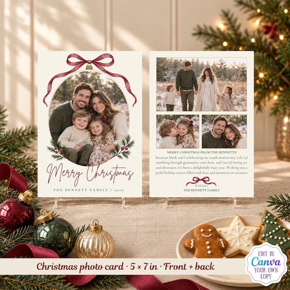 Front and back of the holiday photo card standing on a table with ornaments and gingerbread cookies