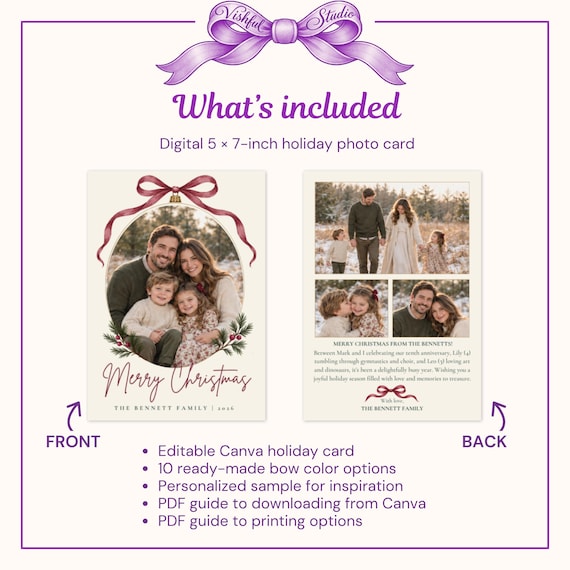 What is included: card front and back, 10 bow color options and PDF guides