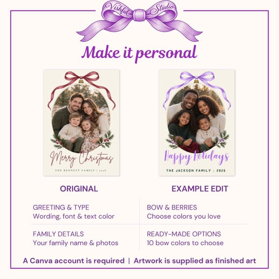 Original cranberry card next to an example edit with a lilac bow reading Happy Holidays
