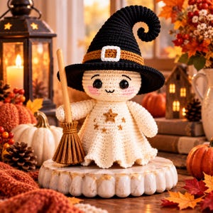 Virkat häxspökdockamönster i PDF-format, Halloween-amigurumi med hatt och kvast, söt, läskig virkhandledning