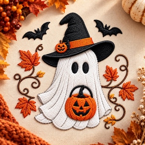 May include: An embroidered design on fabric featuring a white ghost wearing a black witch hat with an orange band and a small pumpkin accent. The ghost holds an orange jack-o'-lantern bucket, flanked by two black bats and swirling brown vines with orange maple leaves.