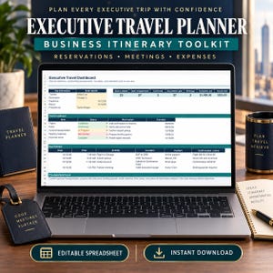 May include: A laptop displaying an Executive Travel Planner spreadsheet with columns for trip information, travel readiness, and key itinerary. The screen shows text including Plan Every Executive Trip With Confidence and Business Itinerary Toolkit.