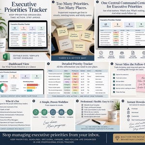 Op de afbeelding: Een bewerkbaar Excel-sjabloon voor een Executive Priorities Tracker, weergegeven op een laptopscherm. Het digitale dashboard bevat tabellen, statusgrafieken en takenlijsten voor het organiseren van deadlines, eigenaren en opvolgingen voor werkstromen.