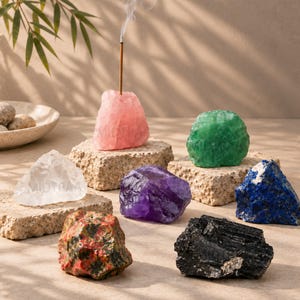 Op de afbeelding: Een verzameling van zeven ruwe, ongepolijste mineralen, waaronder roze rozenkwarts, groene aventurijn, helder kwarts, paarse amethist, blauwe lapis lazuli, rood en groen unakiet en zwarte toermalijn, met een wierookstokje in de rozenkwarts.
