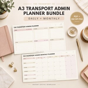 Puede incluir: Un paquete digital de planificadores administrativos de transporte A3 que incluye una hoja de planificación diaria y una mensual. La hoja diaria incluye secciones para hoy, seguimiento, facturación, tareas pendientes, reservas y respuestas. La hoja mensual tiene un diseño de cuadrícula.