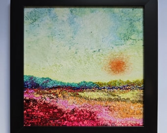 Original Alcohol Ink Tile Art - Framed Small Landscape #3