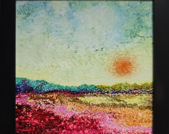 Original Alcohol Ink Tile Art - Framed Small Landscape #3