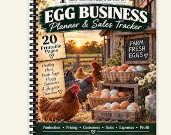May include: A spiral-bound Egg Business Planner and Sales Tracker with 20 printable pages. The cover features a farm scene with chickens, baskets of eggs, and the text 'Back Forty Living' and 'Egg Business Planner & Sales Tracker'. Includes a list of features for tracking production, costs, customers, sales, and profit.