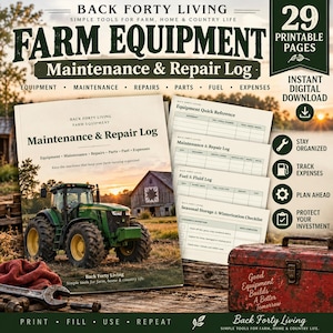 May include: A digital printable farm equipment maintenance and repair log book featuring a green tractor on the cover, with 29 pages including equipment reference, maintenance, fuel, and winterization checklists, displayed with a red metal toolbox.