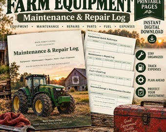 May include: A digital printable farm equipment maintenance and repair log book featuring a green tractor on the cover, with 29 pages including equipment reference, maintenance, fuel, and winterization checklists, displayed with a red metal toolbox.