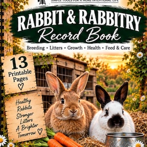 May include: A Rabbit & Rabbitry Record Book with 13 printable pages. The cover features two rabbits, carrots, and a metal bowl. Text includes Back Forty Living, Breeding, Litters, Growth, Health, Feed & Care, and Plan, Track, Care, Grow, Enjoy.