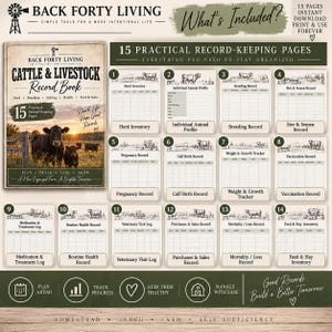 May include: A digital cattle and livestock record book set featuring 15 printable pages. The cover displays a cow and calf in a field with the text Back Forty Living. The pages include templates for herd inventory, breeding, health, and sales logs.