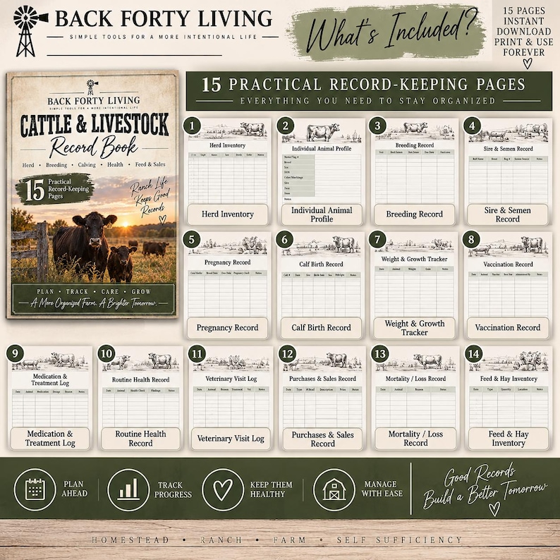 May include: A digital cattle and livestock record book set featuring 15 printable pages. The cover displays a cow and calf in a field with the text Back Forty Living. The pages include templates for herd inventory, breeding, health, and sales logs.