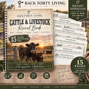 May include: A spiral-bound Cattle & Livestock Record Book by Back Forty Living featuring a sunset pasture scene with cows. The cover includes text for herd, breeding, calving, health, and feed records. It includes 15 pages for farm management.