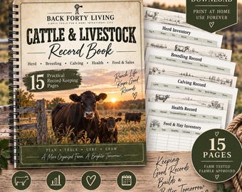 May include: A spiral-bound Cattle & Livestock Record Book by Back Forty Living featuring a sunset pasture scene with cows. The cover includes text for herd, breeding, calving, health, and feed records. It includes 15 pages for farm management.