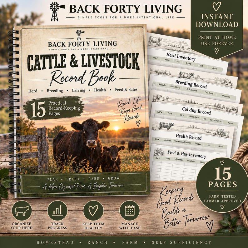 May include: A spiral-bound Cattle & Livestock Record Book by Back Forty Living featuring a sunset pasture scene with cows. The cover includes text for herd, breeding, calving, health, and feed records. It includes 15 pages for farm management.