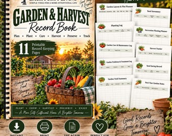 May include: A spiral-bound Garden & Harvest Record Book featuring a cover with a basket of vegetables and eleven printable pages including a garden layout planner, planting log, harvest tracker, and seed inventory for tracking garden progress.
