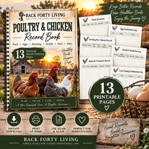 May include: A spiral-bound Poultry & Chicken Record Book featuring a cover with three chickens in a field at sunset. The book includes 13 printable pages for tracking flock inventory, egg production, breeding, health, and coop maintenance logs.
