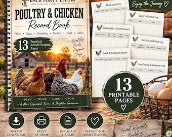 May include: A spiral-bound Poultry & Chicken Record Book featuring a cover with three chickens in a field at sunset. The book includes 13 printable pages for tracking flock inventory, egg production, breeding, health, and coop maintenance logs.