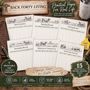 May include: A set of fifteen printable record-keeping pages for farm management, including Herd Inventory, Breeding, Calving, Vaccination, Medication, and Feed logs. Each page features a cow illustration and grid columns for tracking data.