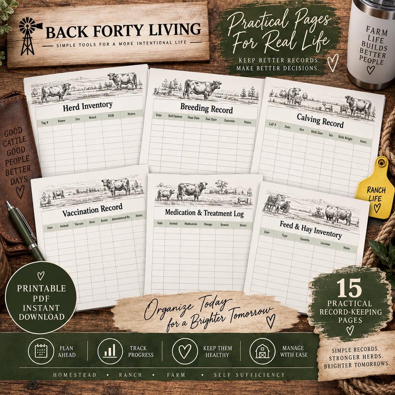 May include: A set of fifteen printable record-keeping pages for farm management, including Herd Inventory, Breeding, Calving, Vaccination, Medication, and Feed logs. Each page features a cow illustration and grid columns for tracking data.