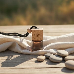 Puede incluir: Un frasco pequeño y cuadrado de vidrio para ambientador de coche con una tapa de madera clara que presenta el logotipo grabado MGM AROMA CO. Un cordón negro con una cuenta de madera está sujeto en la parte superior. Contiene líquido oscuro.