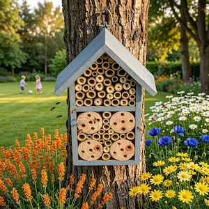 Sky Blue Wooden Mason Bee Hotel, Hanging Insect House, Garden Pollinator Shelter (23.3cm)