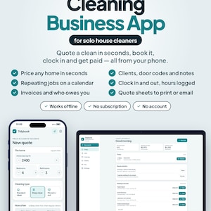 May include: A Tidybook cleaning business app advertisement featuring a smartphone and laptop displaying the software interface. Text includes Cleaning Business App for solo house cleaners, features like price any home, and Tidybook instant digital download.