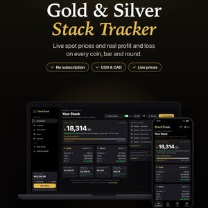 May include: A digital Gold & Silver Stack Tracker web app displayed on a laptop and smartphone screen. The interface shows live spot prices, profit and loss data, and stack holdings in USD and CAD. The design features a dark theme with gold text.