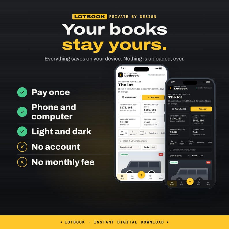 Used Car Dealer Inventory App | Recon Bills and RO Tracker, Markup, Lot Stats & Window Sticker Printing | Car Dealership Software, Pay Once image 10