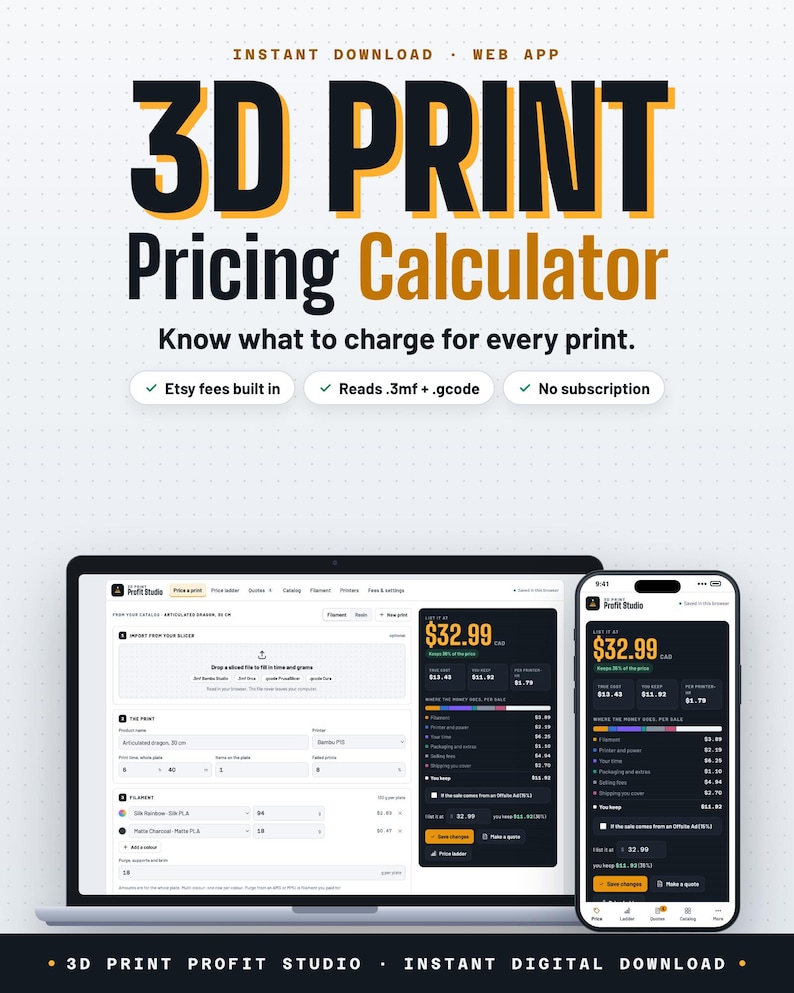 3D Print Pricing Calculator App | Filament and Resin Cost, Etsy Fees, Wholesale Price & Quote PDF | 3D Print Business Tool, No Subscription image 1