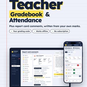 May include: A digital teacher web app for gradebook and attendance tracking, shown on a laptop and smartphone screen. The interface displays report card comments, student lists, and attendance data. Text includes "Teacher Gradebook & Attendance" and "Classbook."