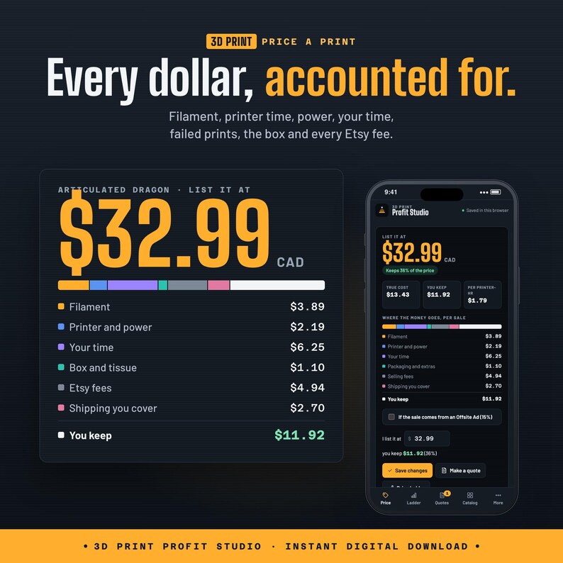 3D Print Pricing Calculator App | Filament and Resin Cost, Etsy Fees, Wholesale Price & Quote PDF | 3D Print Business Tool, No Subscription image 3