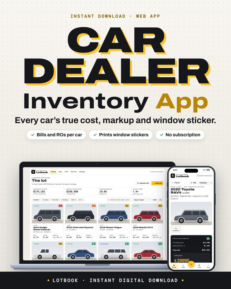 Used Car Dealer Inventory App | Recon Bills and RO Tracker, Markup, Lot Stats & Window Sticker Printing | Car Dealership Software, Pay Once image 1