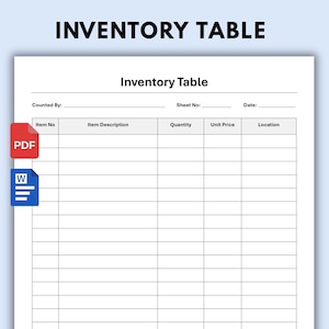Può includere: Un modello di tabella di inventario bianco con testo nero che presenta colonne per Item No, Item Description, Quantity, Unit Price e Location. Il documento include campi per Counted By, Sheet No e Date, con icone PDF rossa e Word blu.
