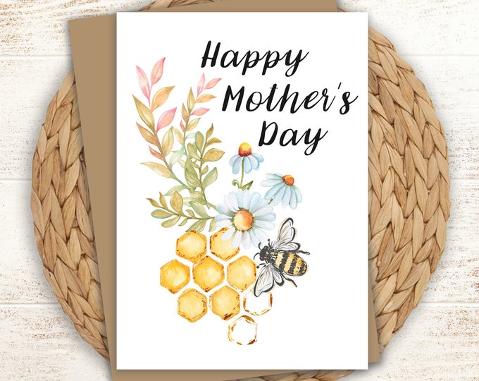 Bee Mother's Day Card: Floral Design, Custom Message (5x7)