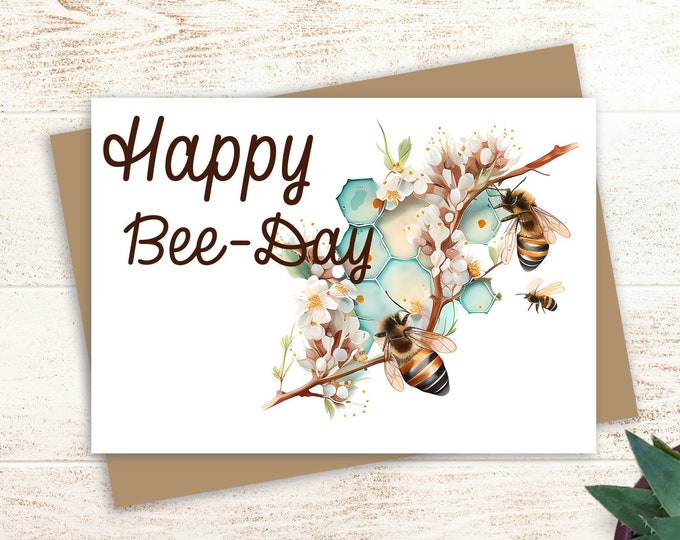 Bee Birthday Card: Floral Happy Bee Day, Personalized 5x7 Greeting Card