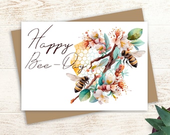 Bee Birthday Card: Floral Happy Bee-Day, Personalized 5x7