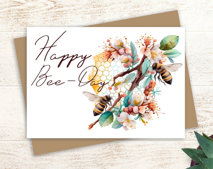 Bee Birthday Card: Floral Happy Bee-Day, Personalized 5x7