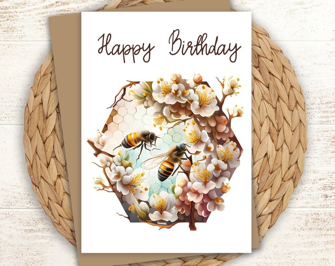Bee Birthday Card: Floral Honeycomb Design, Personalized Message