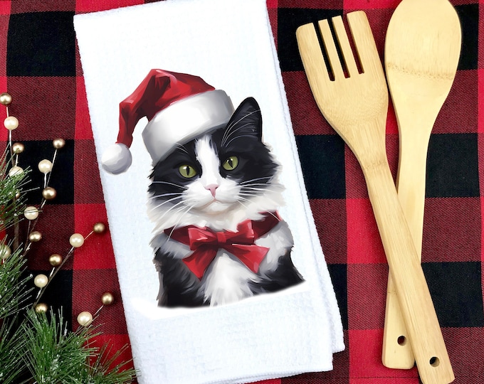 Christmas Tuxedo Cat Kitchen Towel: Cat Lover Gift