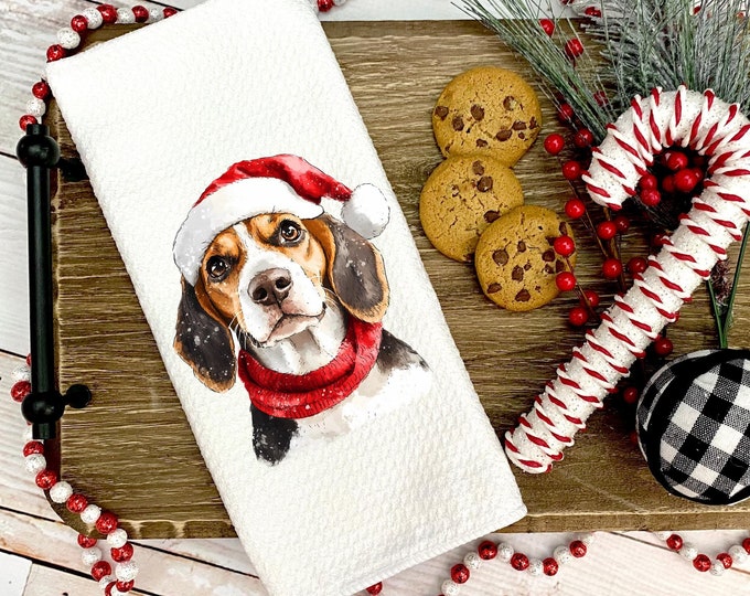 Christmas Beagle Kitchen Towel: Santa Hat Dog, Microfiber Waffle Weave