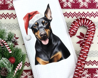 Christmas Doberman Kitchen Towel: Santa Hat Waffle Weave