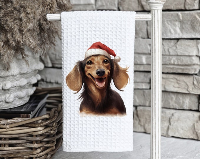 Christmas Dachshund Kitchen Towel: Weiner Dog Santa Hat