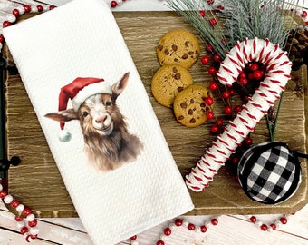 Christmas Goat Kitchen Towel: Santa Hat Waffle Tea Towel