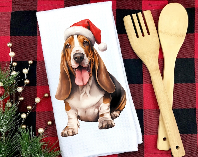 Christmas Basset Hound Kitchen Towel: Santa Dog Gift