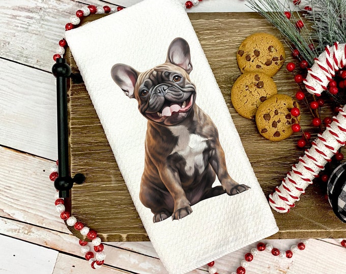 Personalized Brindle French Bulldog Kitchen Towel: Waffle Weave Towel