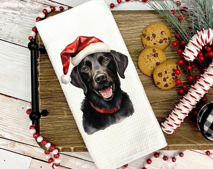 Christmas Black Lab Kitchen Towel: Santa Hat Waffle Weave Towel