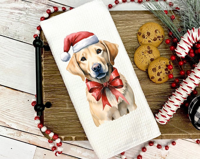 Christmas Lab Kitchen Towel | Kitchen Tea Towel | Yellow Labrador Towel | Christmas Gift | Dog Christmas Gift | Coworker Gift